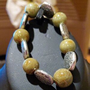 Silver and Green Beaded Bracelet